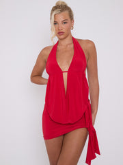 Slinky Halter Neck Top & Skirt Co-ord With Tie Knot Drape Detail