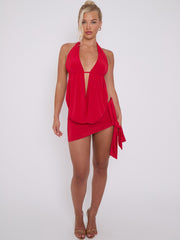 Slinky Halter Neck Top & Skirt Co-ord With Tie Knot Drape Detail