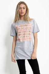 Checked New York Slogan Printed T Shirt