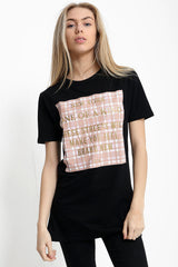 Checked New York Slogan Printed T Shirt