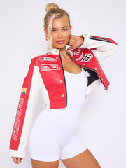 Colour Block Embroidered Vintage PU Biker Jacket