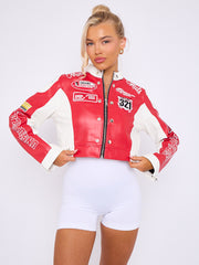 Colour Block Embroidered Vintage PU Biker Jacket