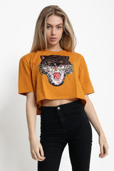Applique Sequin Embellished Tiger Crop Top