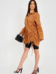 Drawstring Ruched Buttoned Shirt Dress