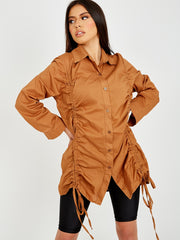 Drawstring Ruched Buttoned Shirt Dress