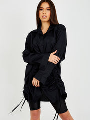 Drawstring Ruched Buttoned Shirt Dress