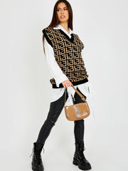 Geo-print V-hals mouwloze gebreide trui