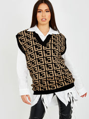 Geo-print V-hals mouwloze gebreide trui