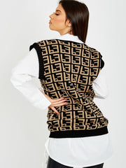 Geo-print V-hals mouwloze gebreide trui