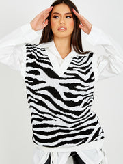 Zebra Print V-Neck Sleeveless Knitted Jumper