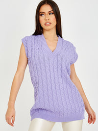 Cable Knit V-Neck Sleeveless Jumper - Lilac