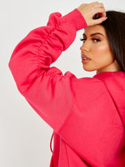 Ruched Sleeves Fleeced Hoodie