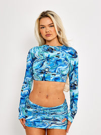 Marble Print Wrap Front Crop Top & Skirt Co-ord - Blue