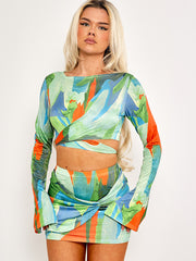 Printed Wrap Around Slinky Crop Top & Twisted Skirt Co-ord