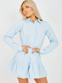 Frill Hem Buttoned Shirt Dress - Blue