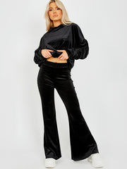 Velour Ruched Sleeve Hoodie & Flared Trouser Co-ord