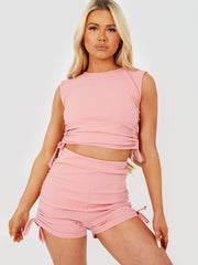Functional Drawstring Ruched Crop Top & Shorts Co-ord