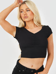 Geribbelde v-neck ruches crop top