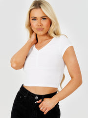 Geribbelde v-neck ruches crop top