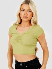 Geribbelde v-neck ruches crop top