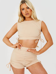 Functional Drawstring Ruched Crop Top & Shorts Co-ord