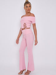 Lace Up Ribbed Bardot Top & Fold Over Flared Trouser Co-ord