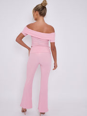 Lace Up Ribbed Bardot Top & Fold Over Flared Trouser Co-ord