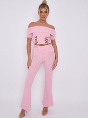 Lace Up Ribbed Bardot Top & Fold Over Flared Trouser Co-ord