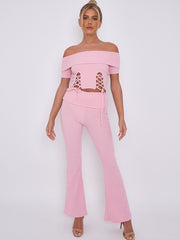 Lace Up Ribbed Bardot Top & Fold Over Flared Trouser Co-ord