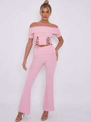Lace Up Ribbed Bardot Top & Fold Over Flared Trouser Co-ord