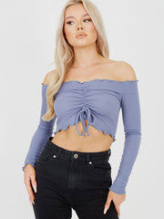 Ruched Frill Ribbed Bardot Crop Top