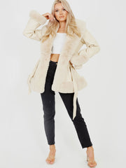 Longline Faux Fur Trim Beled PU PU