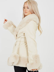 Longline Faux Fur Trim Beled PU PU