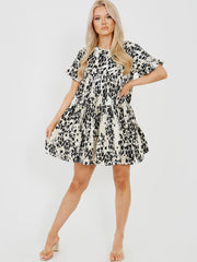 Abstract Leopard Print Frill Tiered Smock Dress