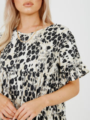 Abstract Leopard Print Frill Tiered Smock Dress