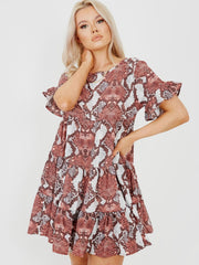 New Snake Print Frill Tiered Smock Dress