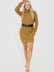 Roll Hals gestricktes Kleid mit Gürtel