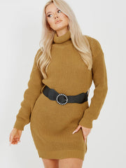 Roll Hals gestricktes Kleid mit Gürtel
