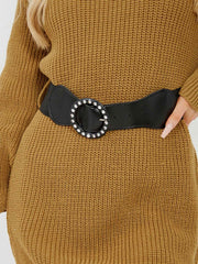 Roll Hals gestricktes Kleid mit Gürtel