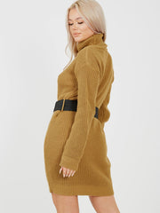 Roll Hals gestricktes Kleid mit Gürtel