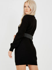 Roll Hals gestricktes Kleid mit Gürtel