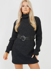 Roll Hals gestricktes Kleid mit Gürtel