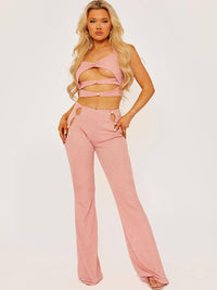 Ribbed uitgesneden detail Halter Crop Top en een broekcoöperatie - Rose Gold