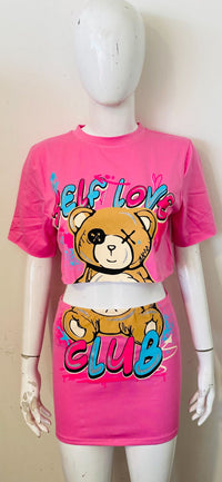 Bruine teddy grafische crop top & rok coöperatie - Pink
