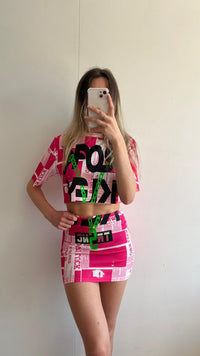Newspaper Chain Graphic Crop Top & Skirt Co-ord - Pink