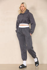 Fleece Cropped Suit With Rib Trim Detail
