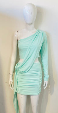 Slinky One Shoulder Dress With Drape Detail - Mint