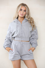 Cropped Zip Up Ruched Sleeve Hoodie & Shorts Fleece Co-ord