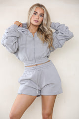 Cropped Zip Up Ruched Sleeve Hoodie & Shorts Fleece Co-ord