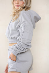 Cropped Zip Up Ruched Sleeve Hoodie & Shorts Fleece Co-ord